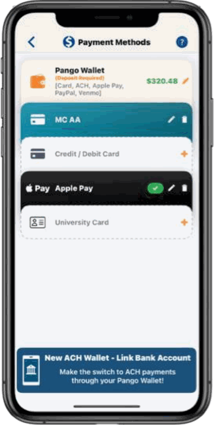 PANGO app Payment Methods screen