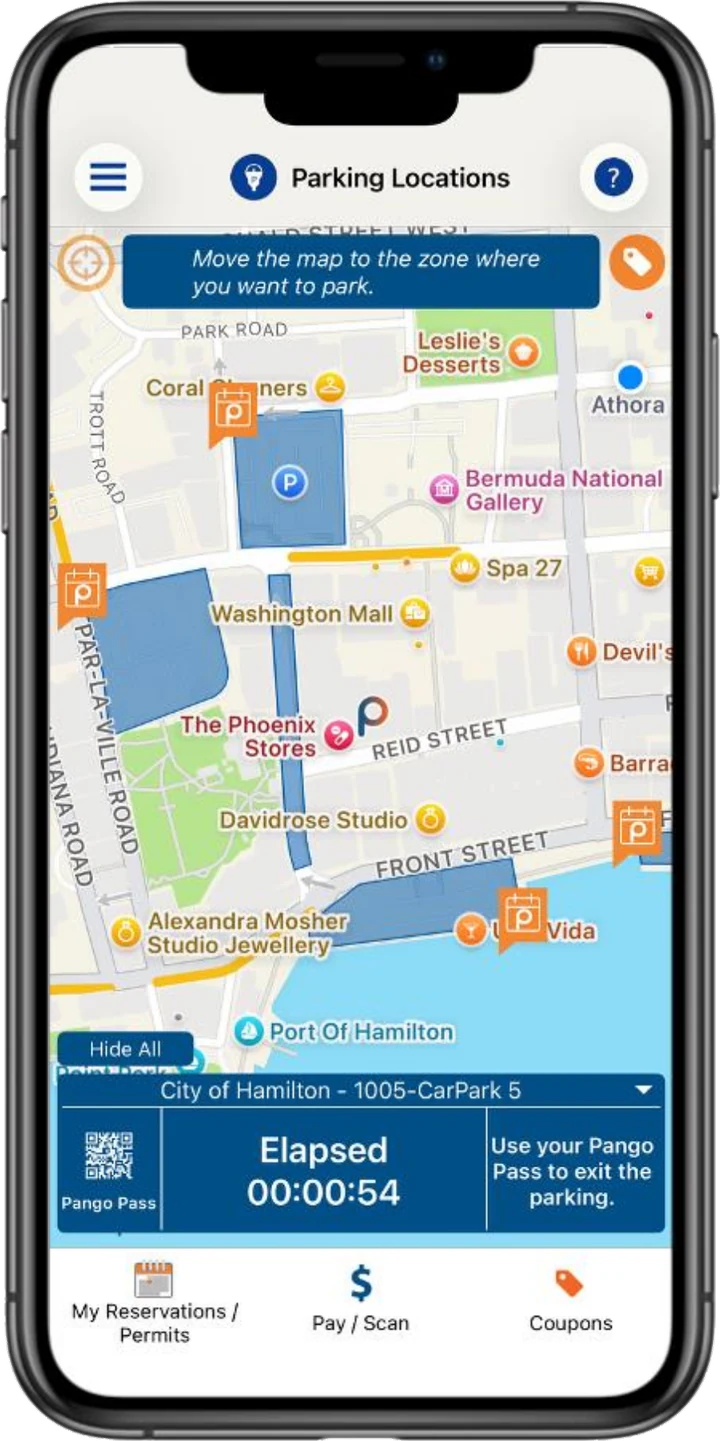 Pango app showing an active parking session — City of Hamilton 1005-CarPark 5, elapsed 00:00:54, started with Pango Pass